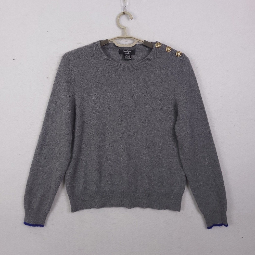 Lord & Taylor Sweater Womens Large Gray Cashmere Gold Button Nautical Crewneck